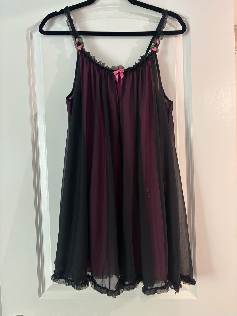 Betsey Johnson Black and Deep Pink Sheer Babydoll Chemise